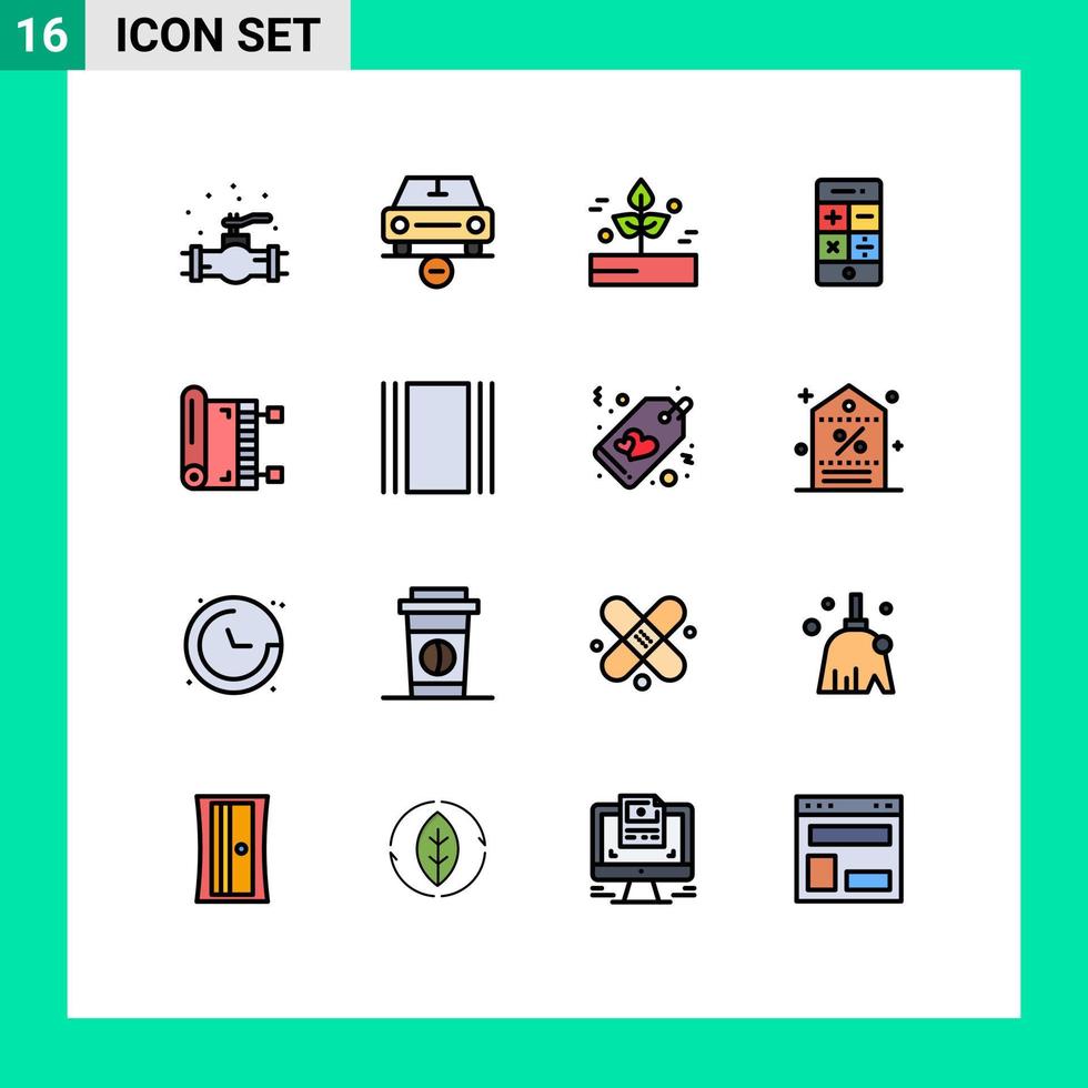 16 Universal Flat Color Filled Lines Set for Web and Mobile Applications technology math vehicles calculator rain Editable Creative Vector Design Elements
