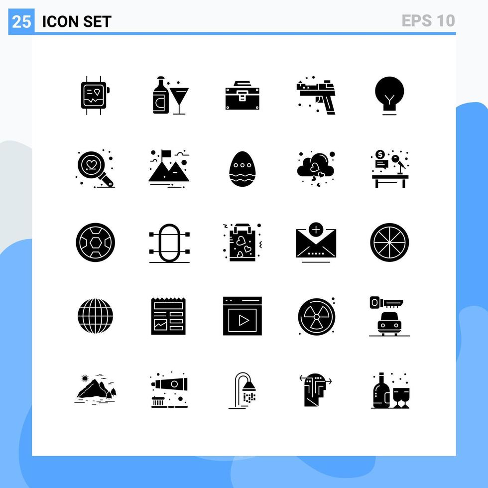 Group of 25 Modern Solid Glyphs Set for light pistol bag gun toolkit Editable Vector Design Elements