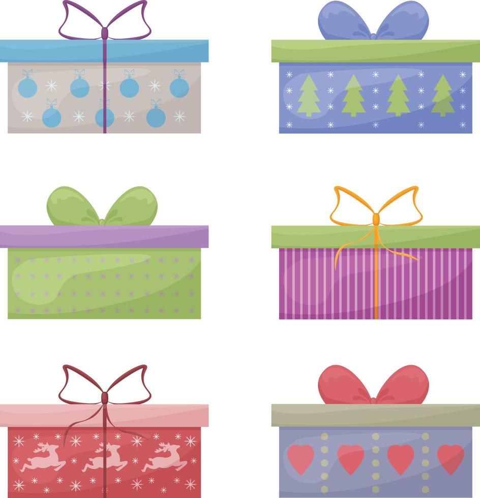 un gran conjunto de cajas de regalo de colores brillantes. cajas para regalos de año nuevo, navidad, cumpleaños, así como el día de san valentín y otras festividades. ilustración vectorial sobre un fondo blanco vector