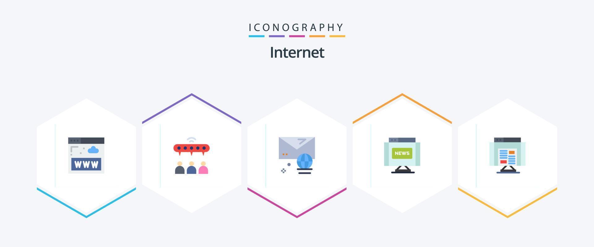 Internet 25 Flat icon pack including browser. news. account. journal. communications vector