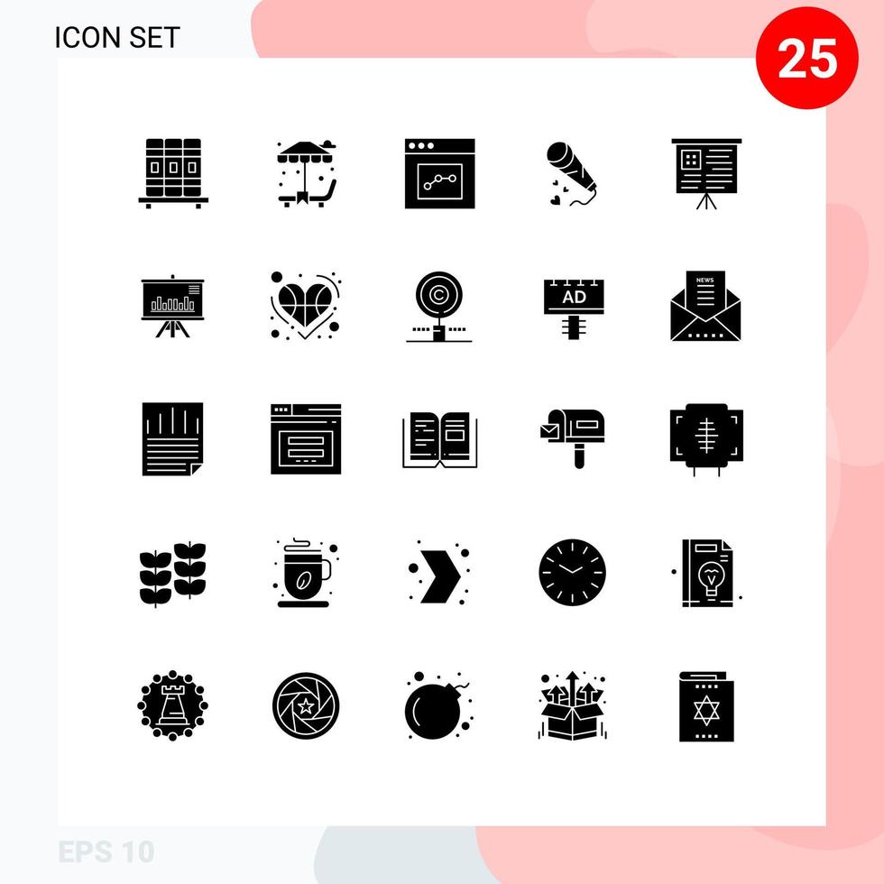 25 User Interface Solid Glyph Pack of modern Signs and Symbols of graph board interface wedding love Editable Vector Design Elements