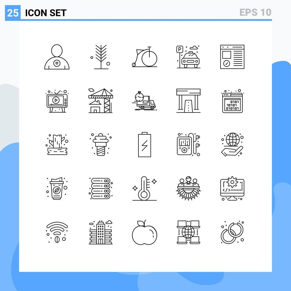 paquete de 25 moderno líneas señales y símbolos para web impresión medios de comunicación tal como codificación estacionamiento bicicleta coche ciudad editable vector diseño elementos