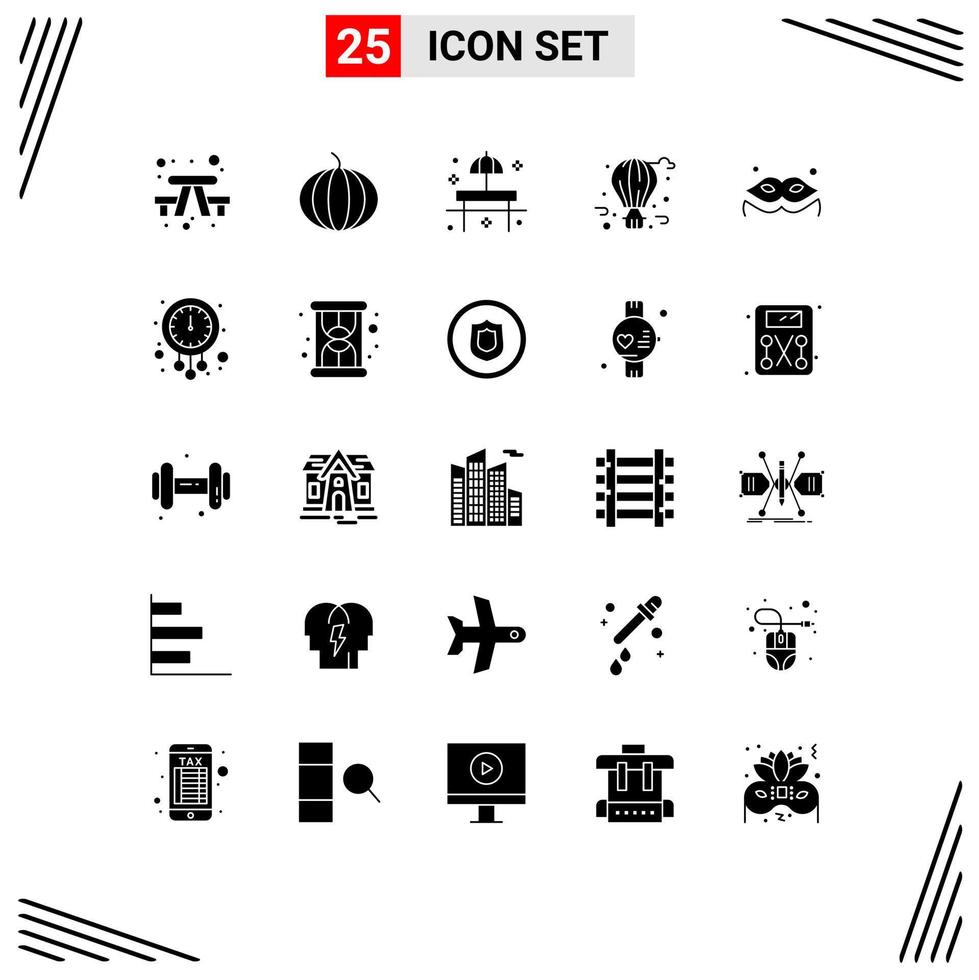 Set of 25 Vector Solid Glyphs on Grid for masquerade costume restaurant city life balloon Editable Vector Design Elements