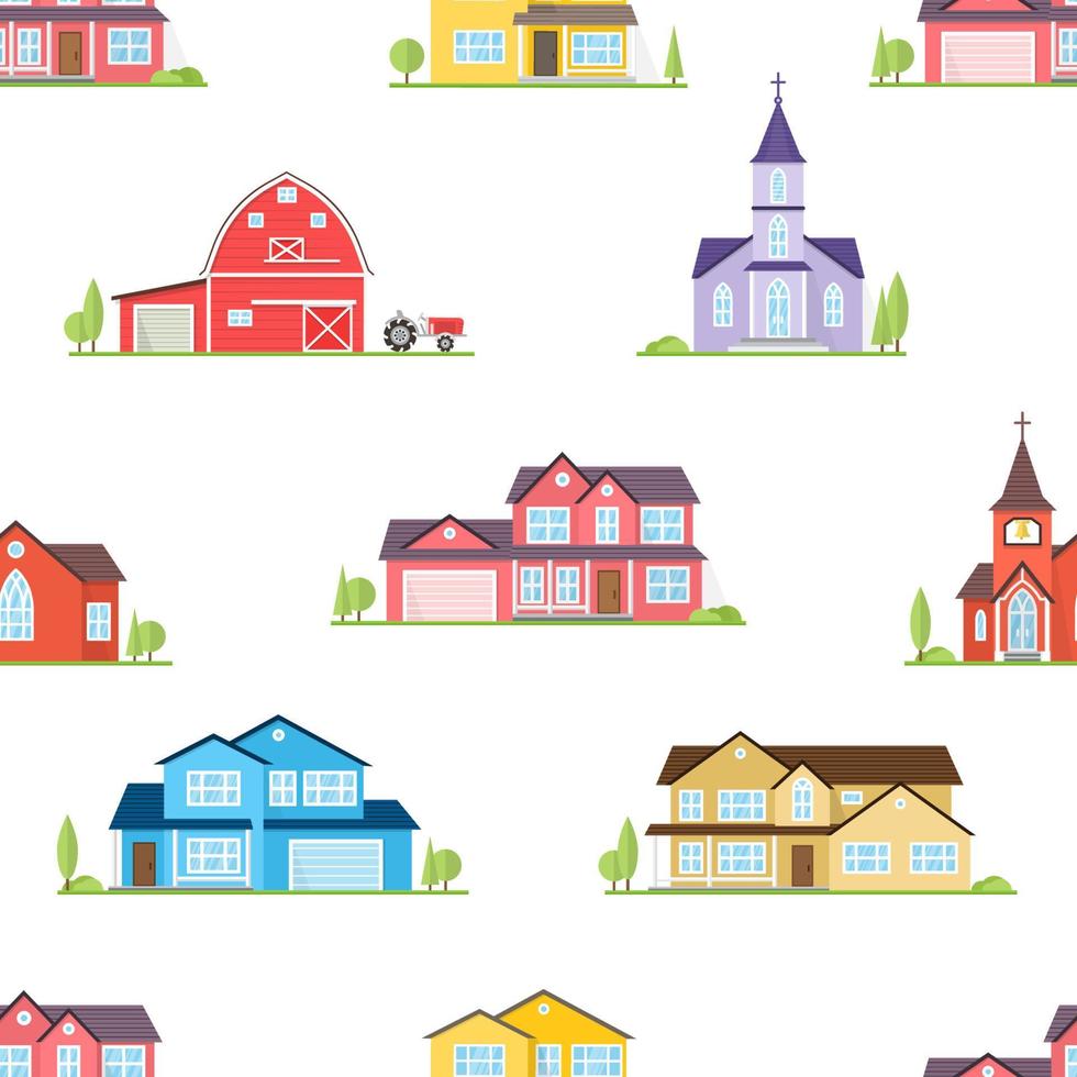 American houses, churches and farm seamless pattern. vector