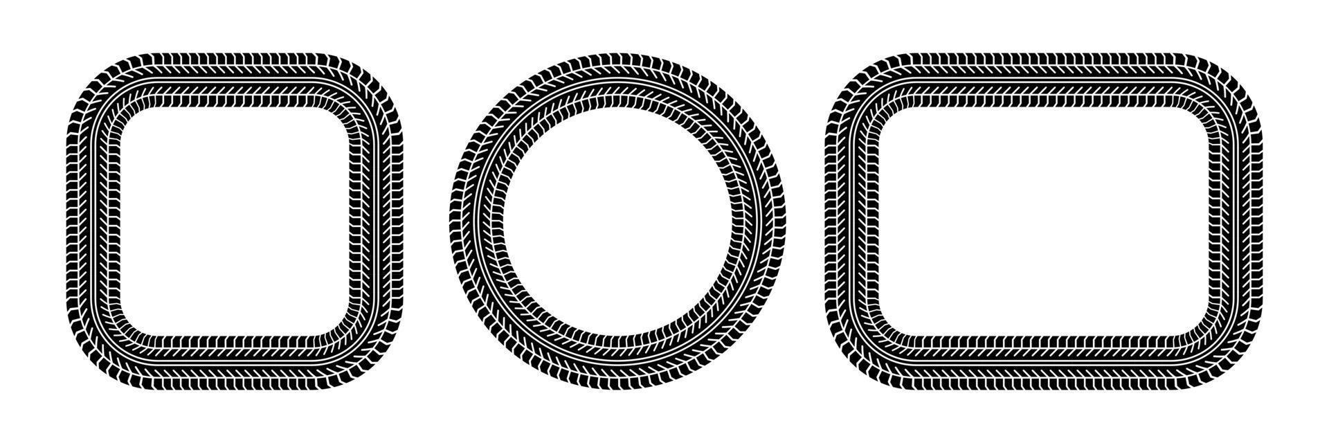 Auto tire tread rectangle and circle frame. Car and motorcycle tire pattern, wheel tyre tread track print. Black tyre square and round border. Vector illustration isolated on white background
