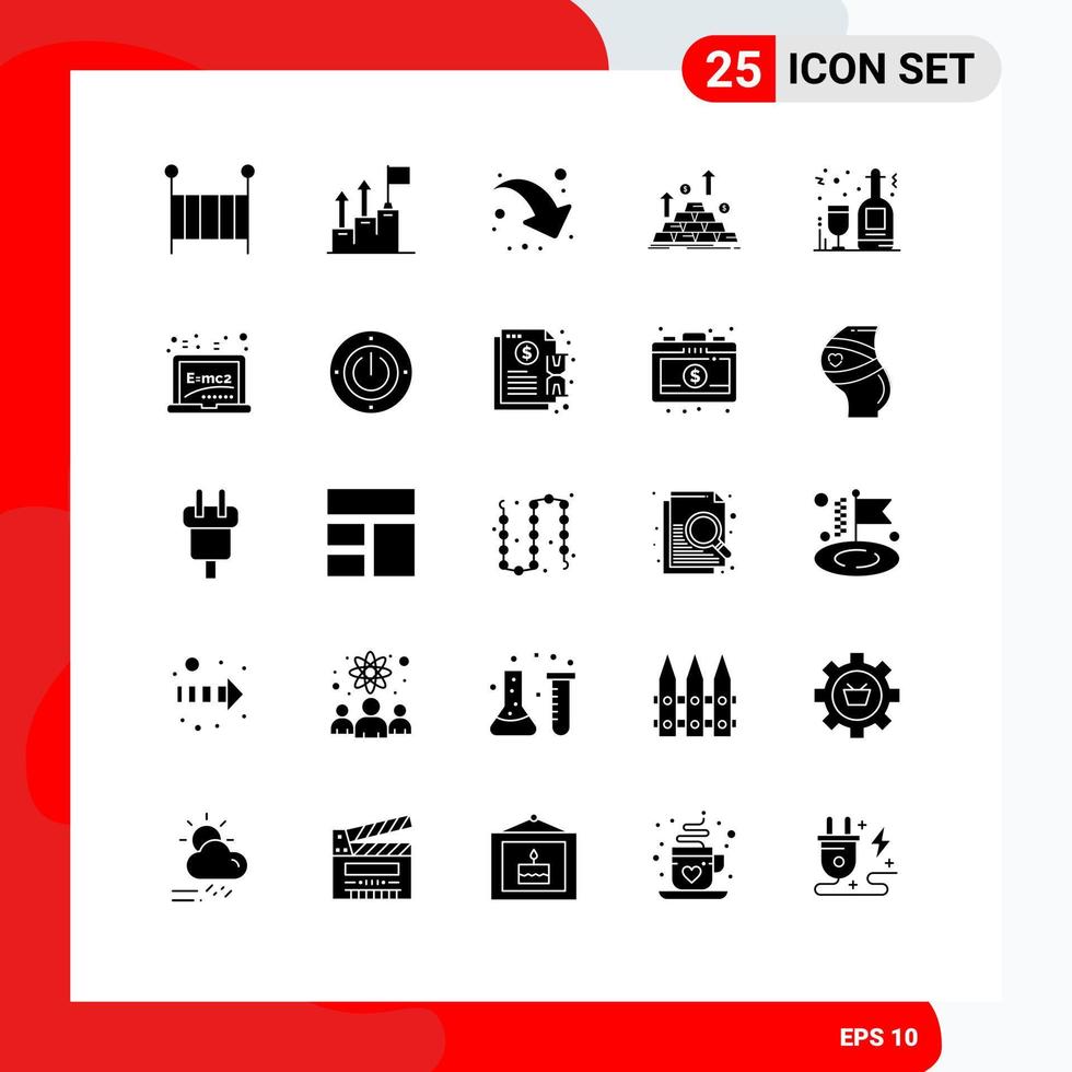 Mobile Interface Solid Glyph Set of 25 Pictograms of alcohol money mission cash gold Editable Vector Design Elements