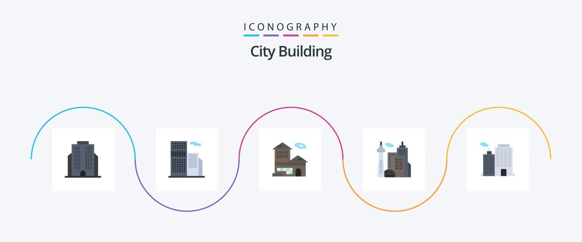 City Building Flat 5 Icon Pack Including corporation. building. bank account. palace. building vector