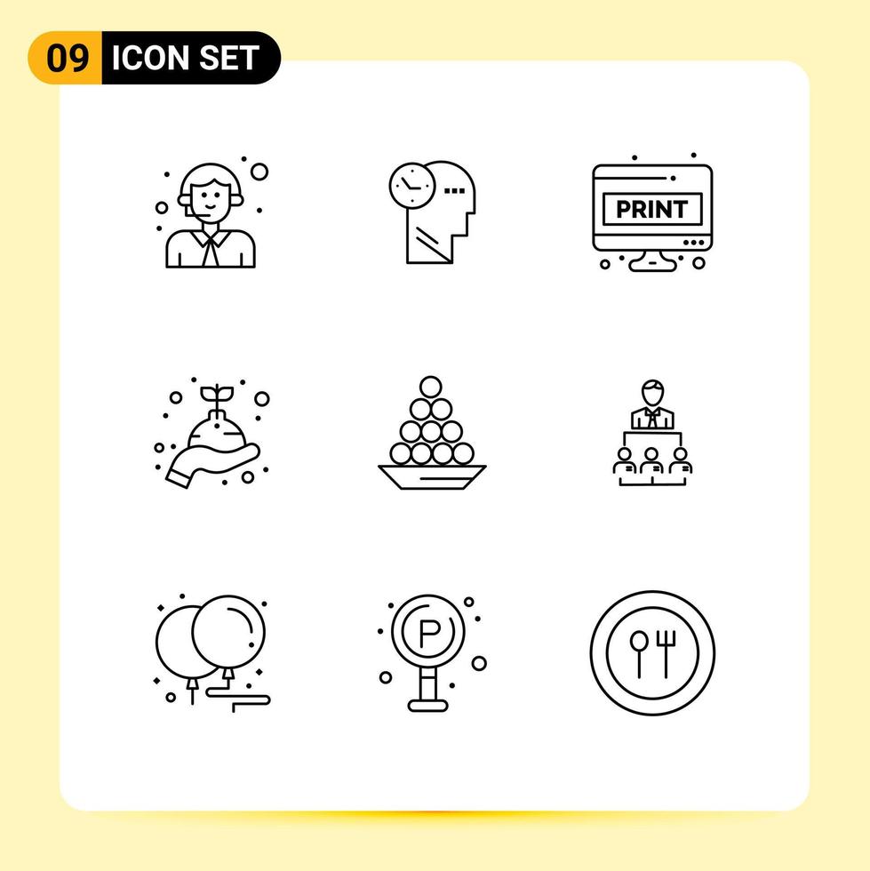 Universal Icon Symbols Group of 9 Modern Outlines of bowl hand computer sheet grow screen page Editable Vector Design Elements