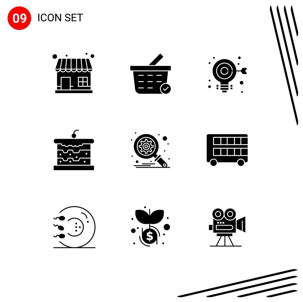 9 Thematic Vector Solid Glyphs and Editable Symbols of search database target food bread Editable Vector Design Elements