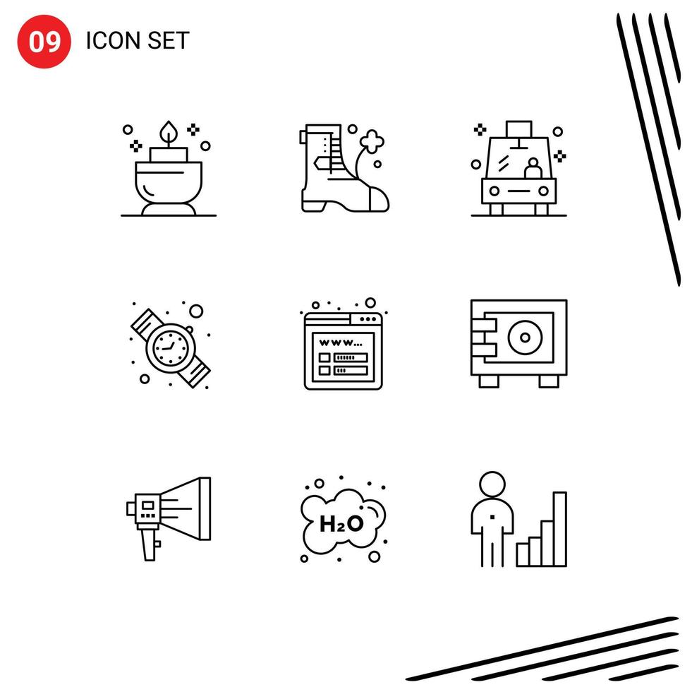 Group of 9 Outlines Signs and Symbols for money wireframe vehicle seo watch Editable Vector Design Elements