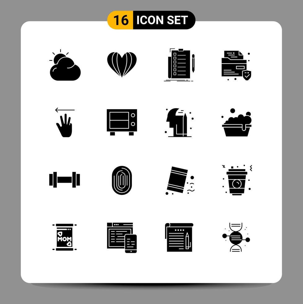 16 Universal Solid Glyphs Set for Web and Mobile Applications hand cursor security expertise protection document Editable Vector Design Elements