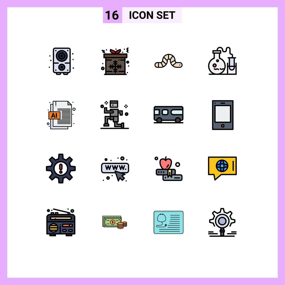 Group of 16 Modern Flat Color Filled Lines Set for document science animal lab tube Editable Creative Vector Design Elements