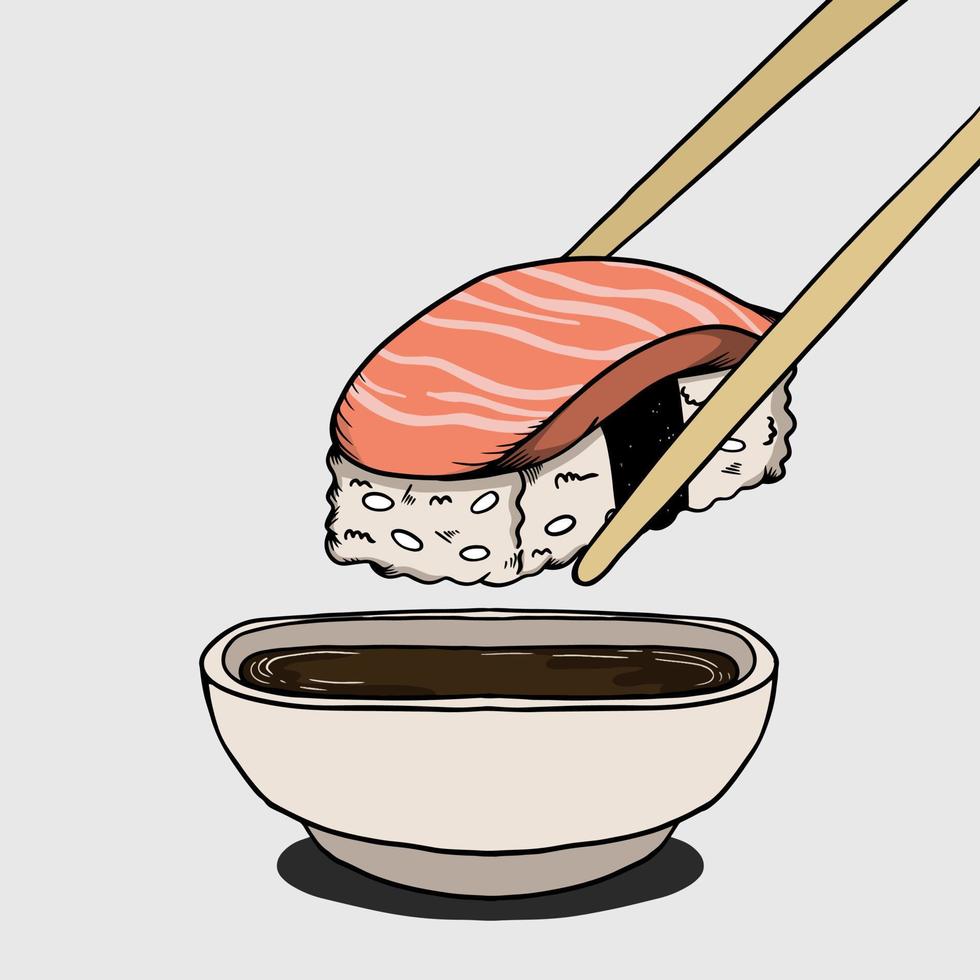 sushi japonés fresco y sabroso dibujado a mano con palillos y salsa de soja vector