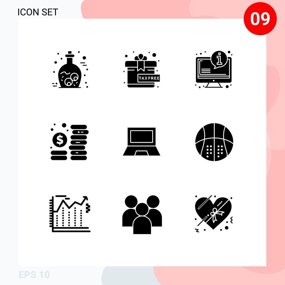 Editable Vector Line Pack of 9 Simple Solid Glyphs of gadget computers faq management coins Editable Vector Design Elements