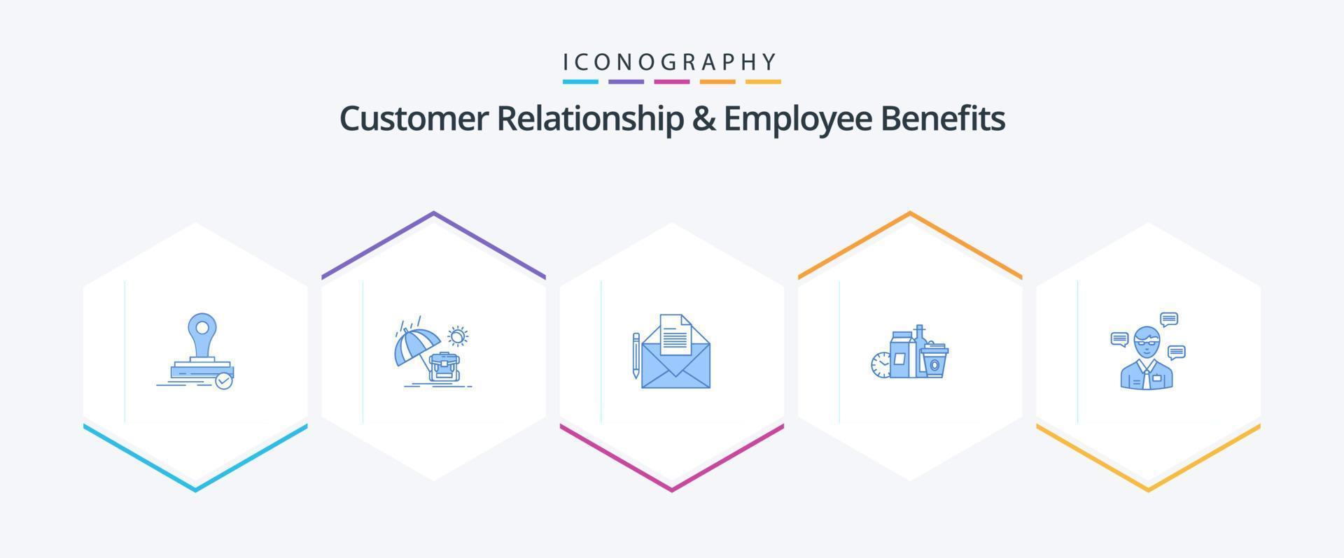 Customer Relationship And Employee Benefits 25 Blue icon pack including man. items. mail. milk. food vector