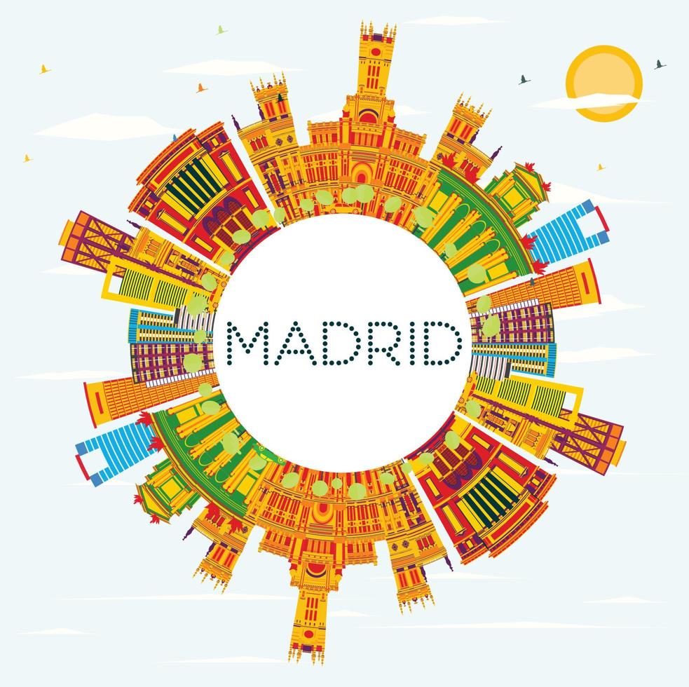 horizonte de madrid con edificios de color, cielo azul y espacio de copia. vector