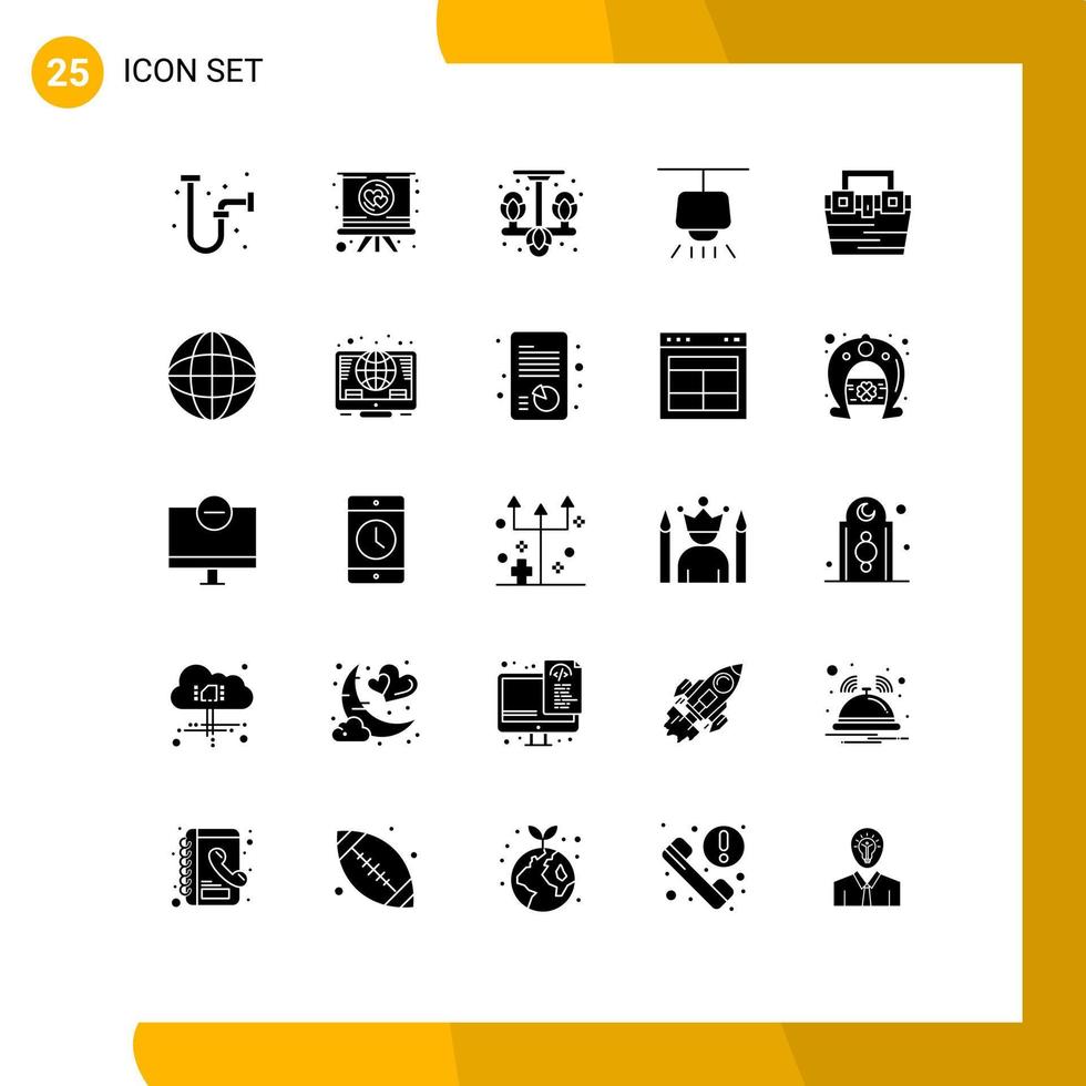 Pack of 25 creative Solid Glyphs of construction bag home light chandelier Editable Vector Design Elements