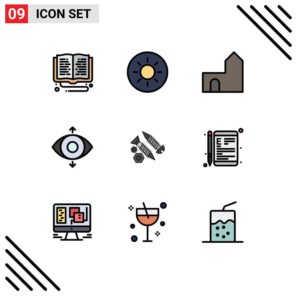 Stock Vector Icon Pack of 9 Line Signs and Symbols for construction screws castle building view eye Editable Vector Design Elements