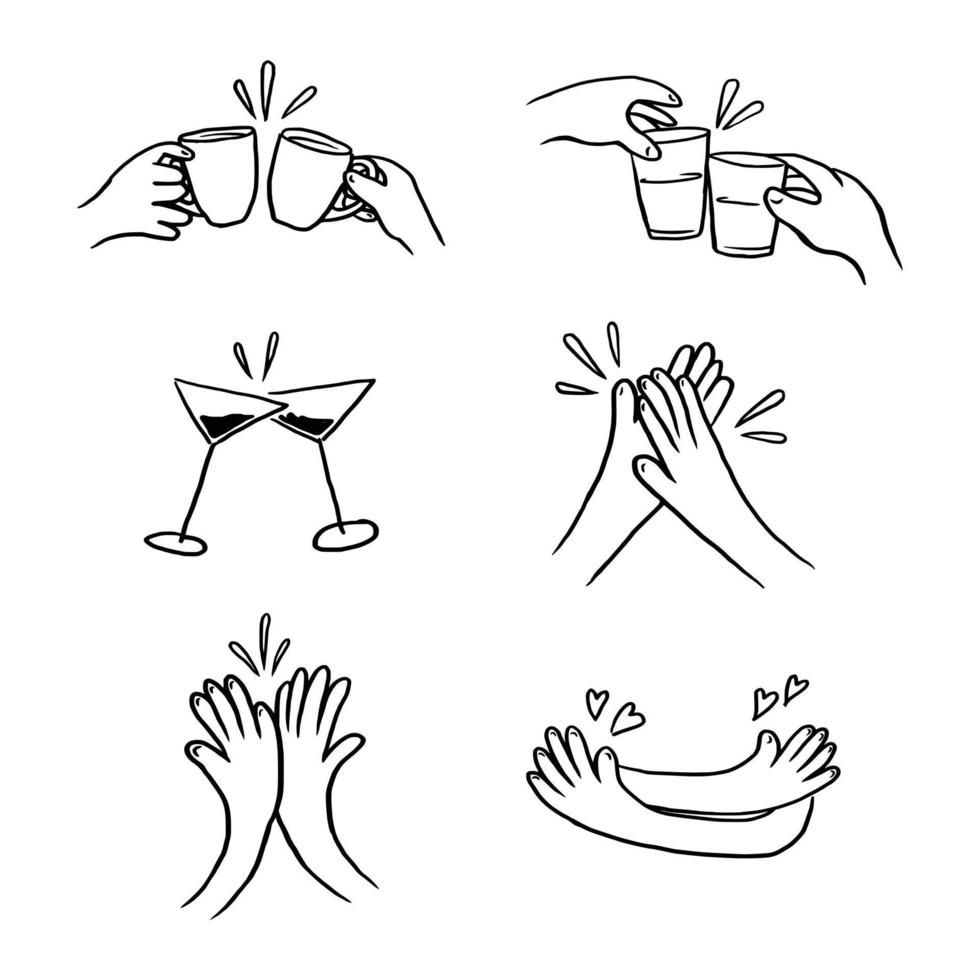 Hands holding champagne, beer in cheers handdrawn line art vector