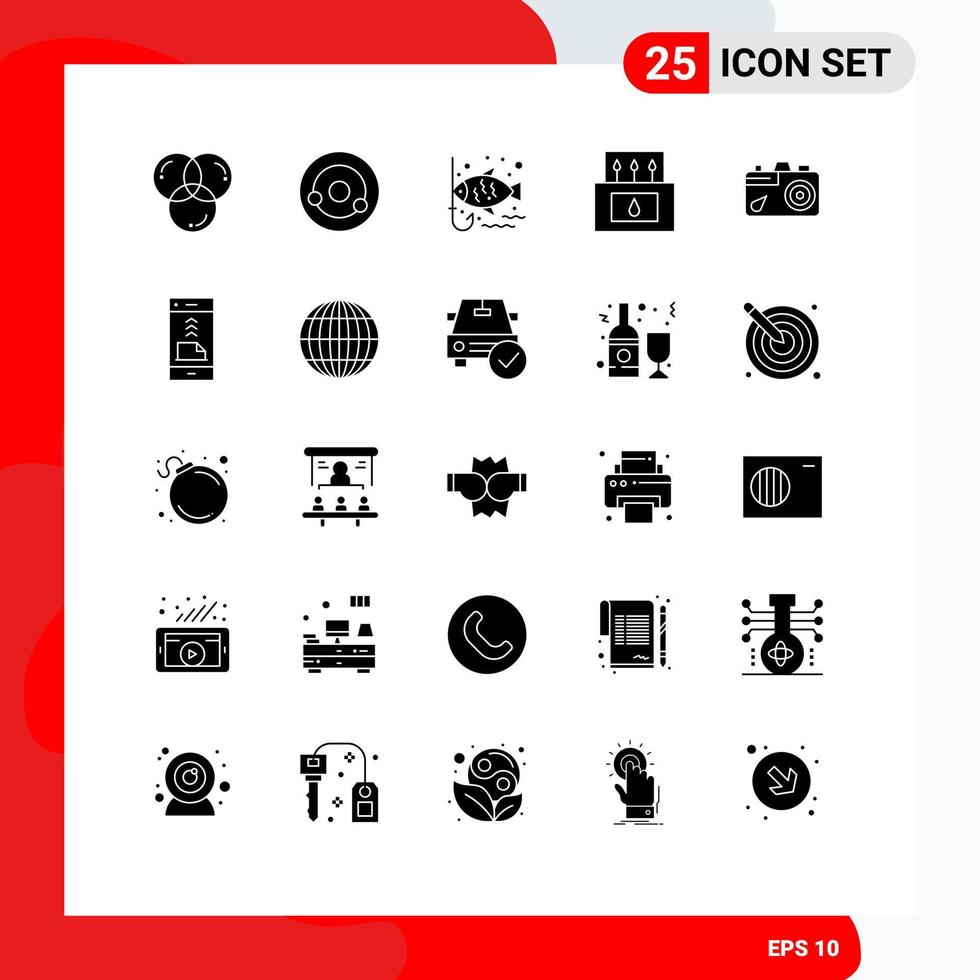 Mobile Interface Solid Glyph Set of 25 Pictograms of camera matches molecule camp leisure Editable Vector Design Elements