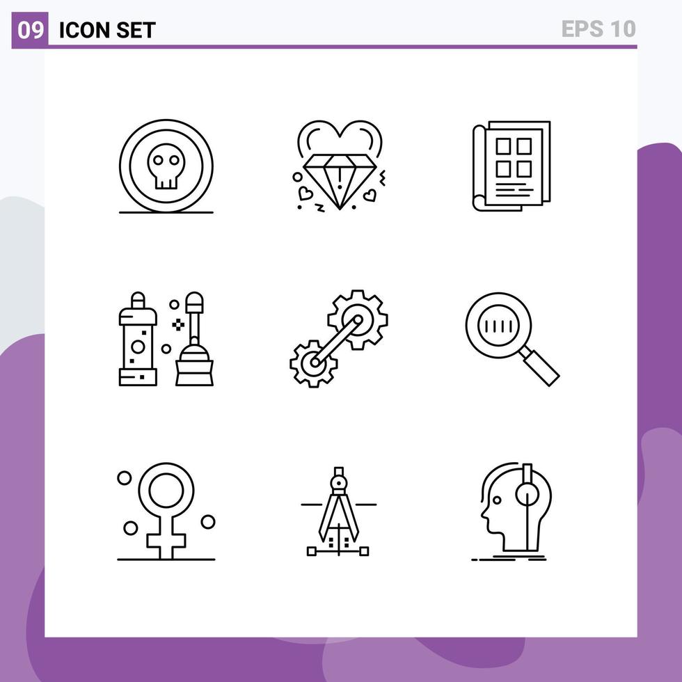 Modern Set of 9 Outlines Pictograph of equipment bathroom marriage phone book paper Editable Vector Design Elements