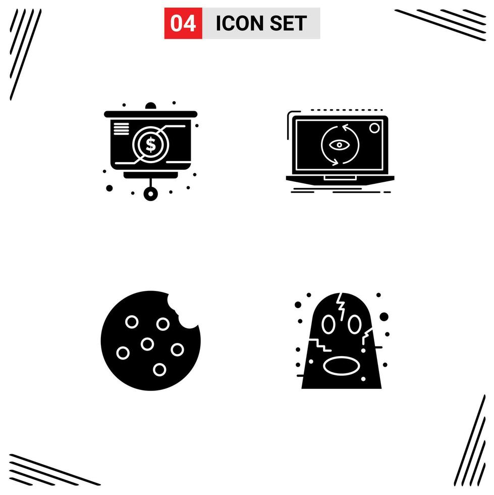 Pictogram Set of 4 Simple Solid Glyphs of presentation cookie money new angry Editable Vector Design Elements