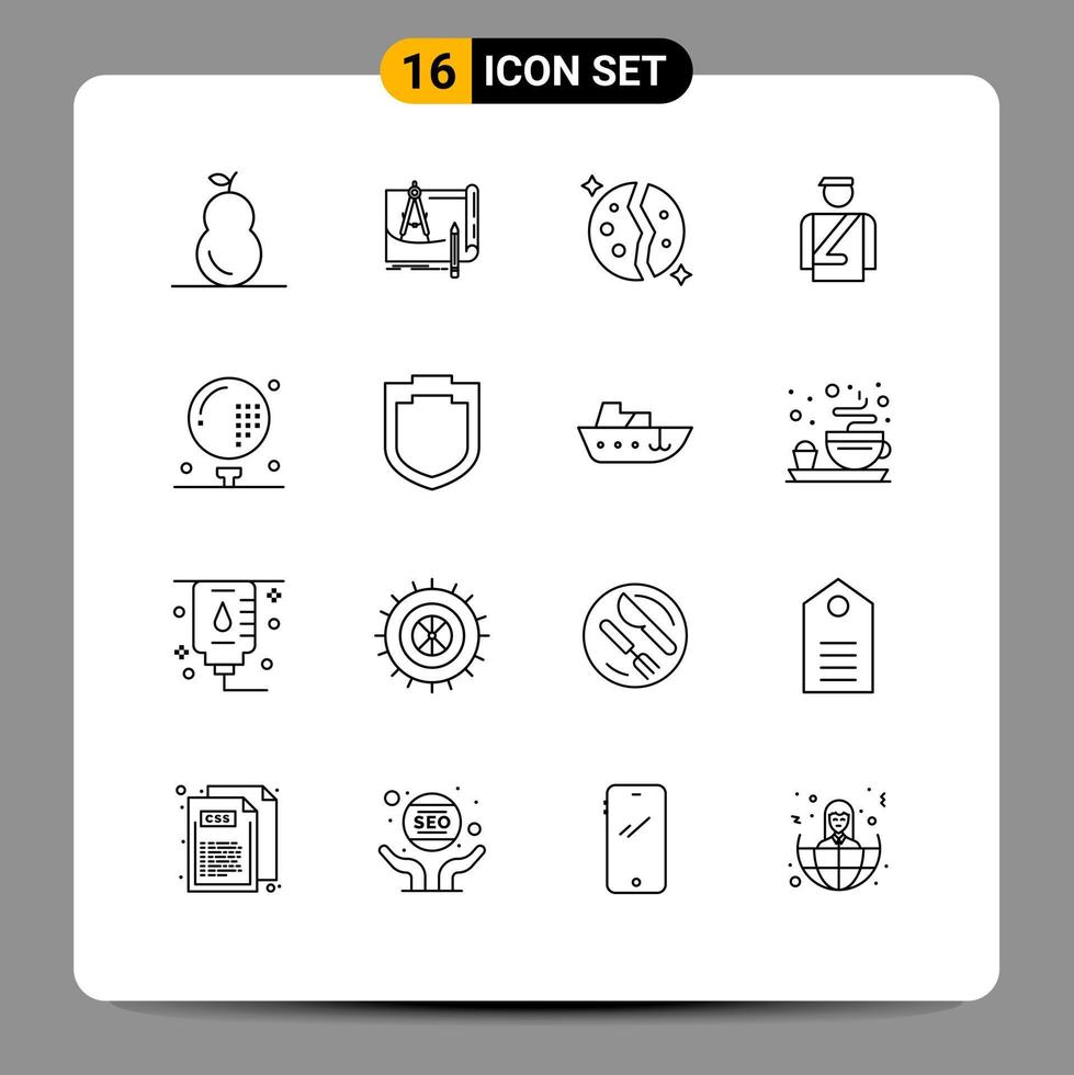 contorno paquete de dieciséis universal símbolos de Servicio hotel plan botones planeta editable vector diseño elementos