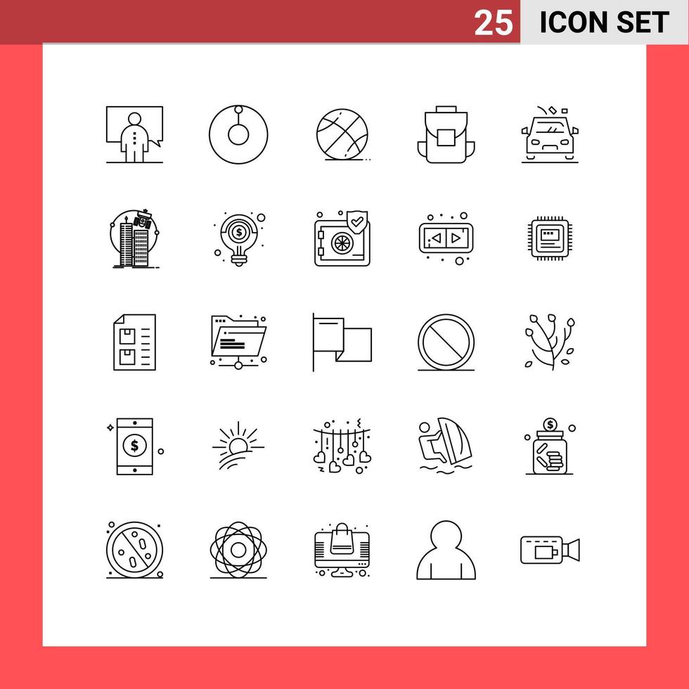 Set of 25 Modern UI Icons Symbols Signs for gravel car ball back bag multimedia Editable Vector Design Elements