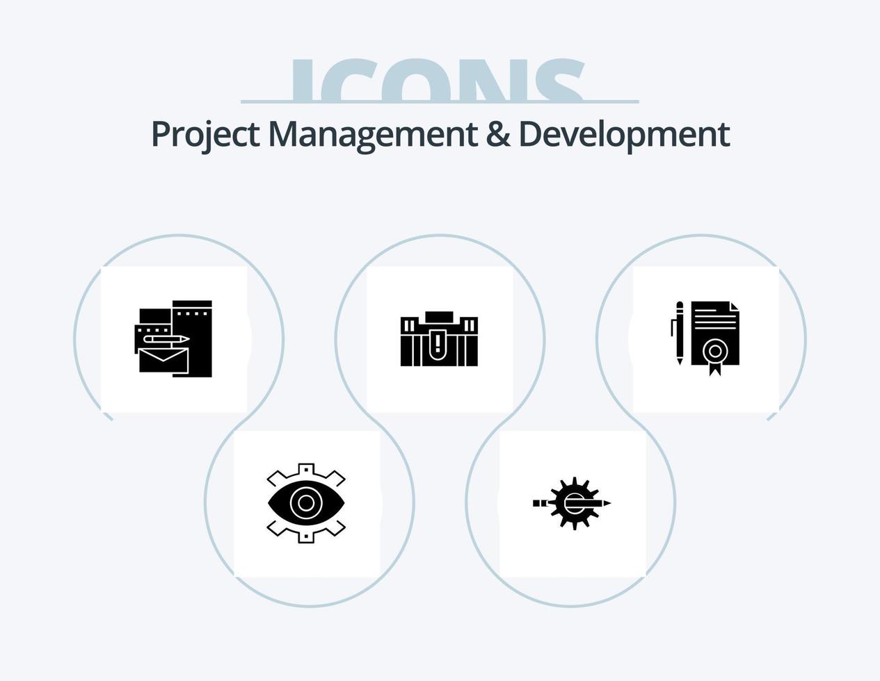 Project Management And Development Glyph Icon Pack 5 Icon Design. briefcase. identity. writing. branding. production vector