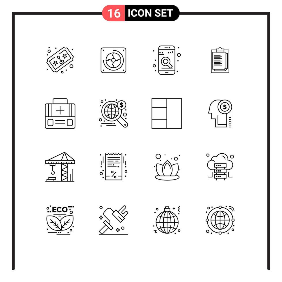 16 Thematic Vector Outlines and Editable Symbols of first aid presentation app result notepad Editable Vector Design Elements