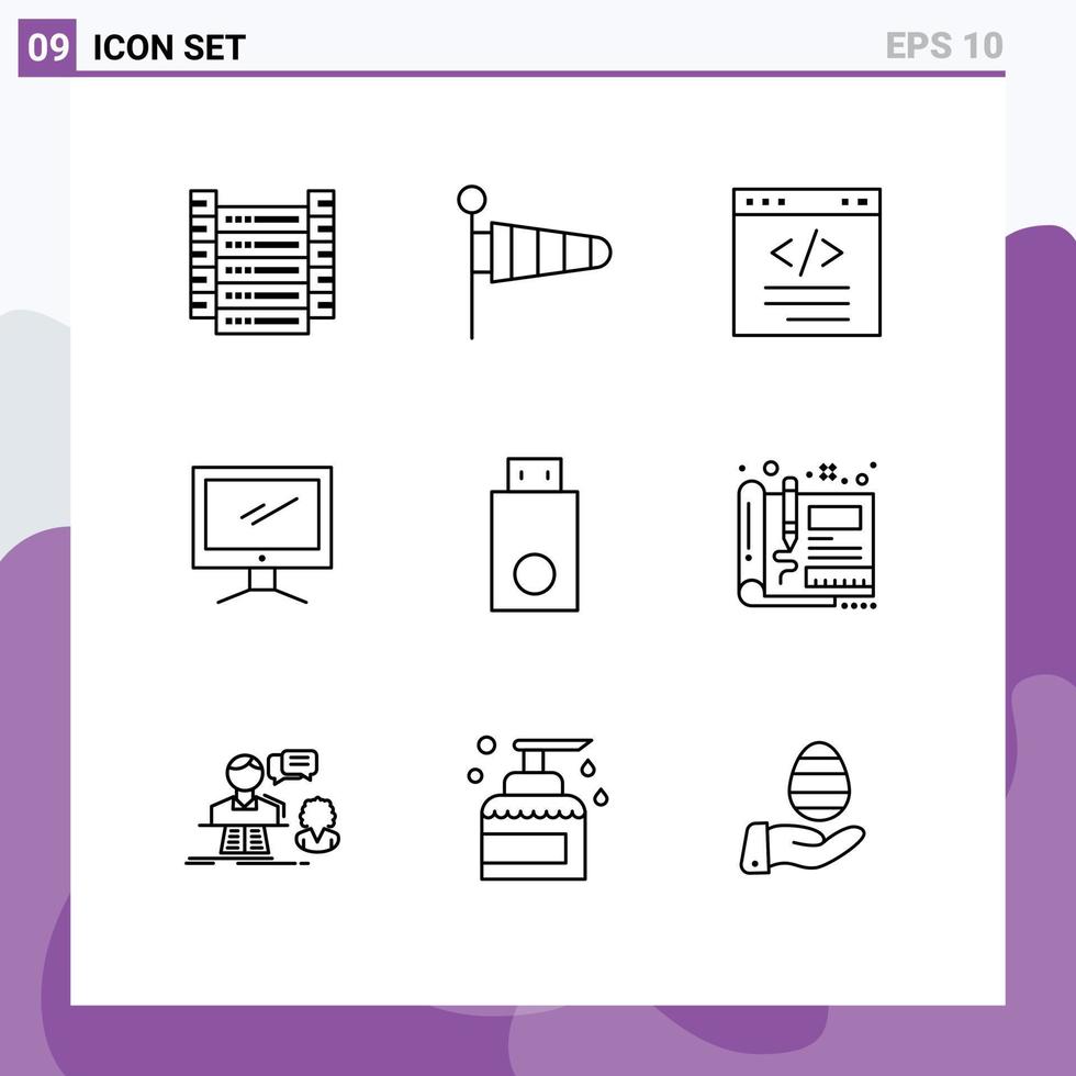 Set of 9 Modern UI Icons Symbols Signs for pc device browser monitor interface Editable Vector Design Elements