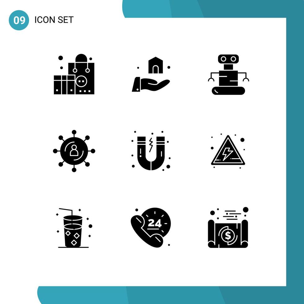 Modern Set of 9 Solid Glyphs and symbols such as science attraction robot seo media Editable Vector Design Elements