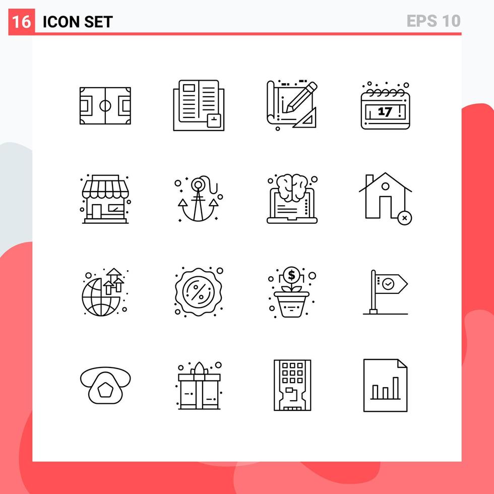 Set of 16 Modern UI Icons Symbols Signs for building day learning calendar blue print Editable Vector Design Elements