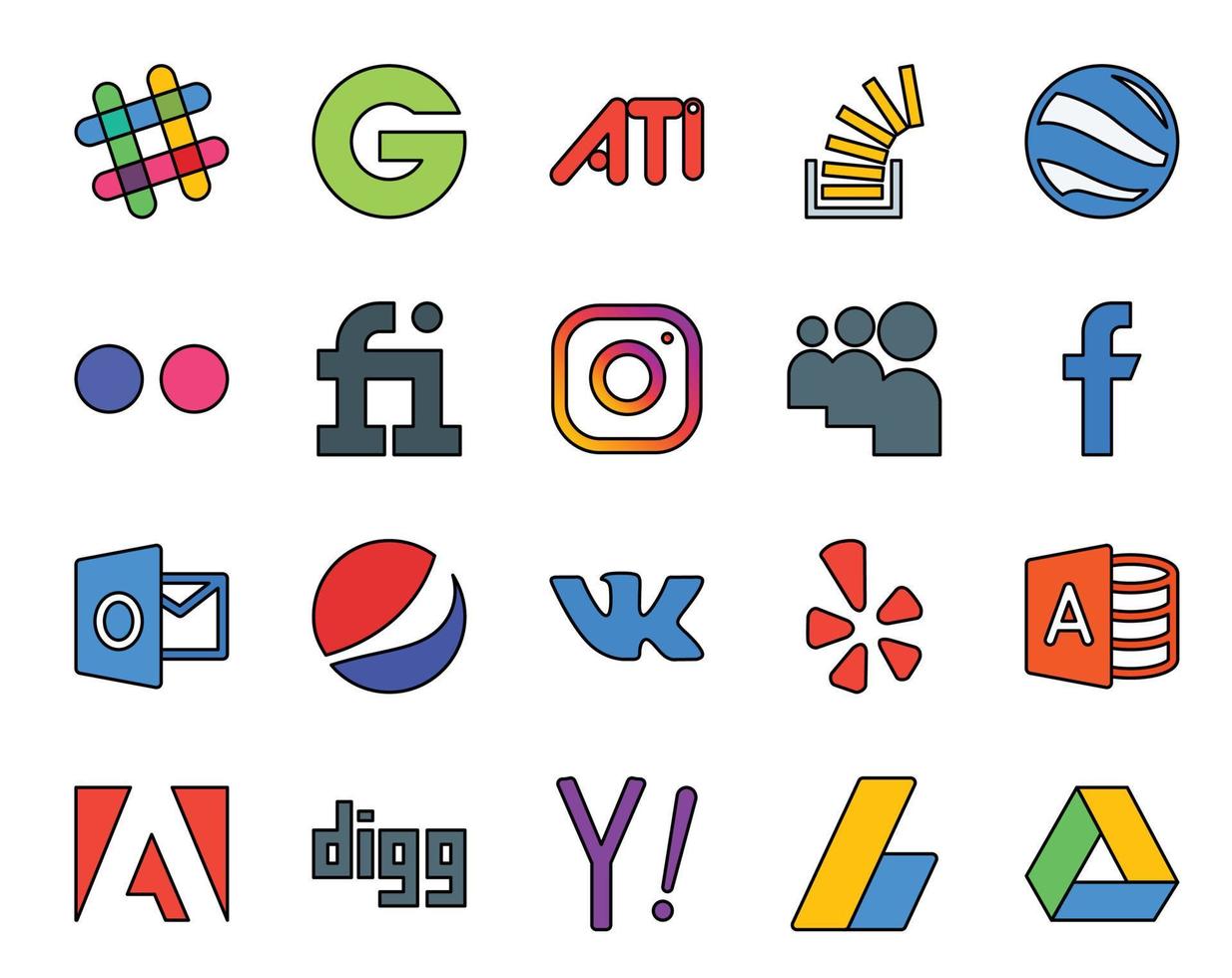 20 Social Media Icon Pack Including yelp pepsi google earth outlook myspace vector
