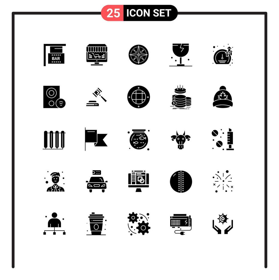 Editable Vector Line Pack of 25 Simple Solid Glyphs of shipping fragile compass delivery position Editable Vector Design Elements