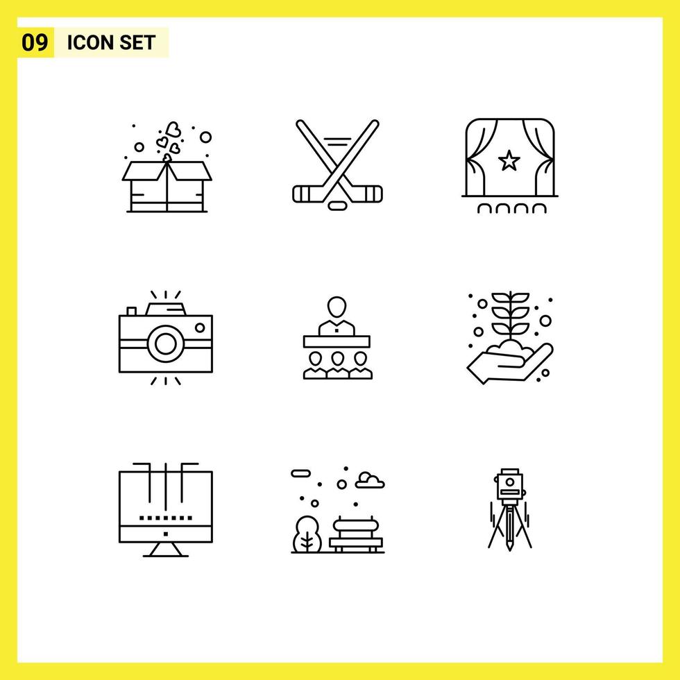 Group of 9 Modern Outlines Set for meeting retro audience photography antique camera Editable Vector Design Elements