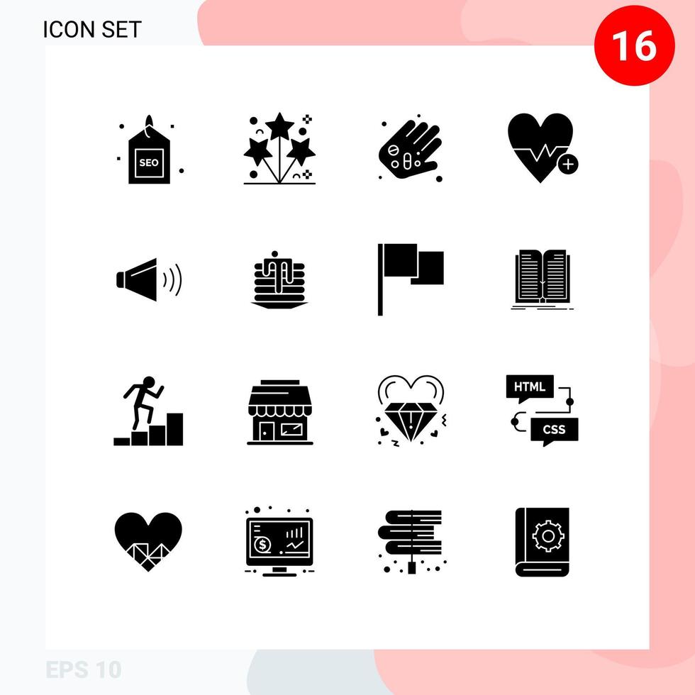 Set of 16 Commercial Solid Glyphs pack for sound beat spark heart beat pills Editable Vector Design Elements