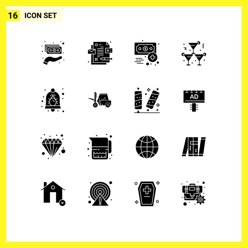 Pack of 16 Modern Solid Glyphs Signs and Symbols for Web Print Media such as bell bug economy wine drink Editable Vector Design Elements