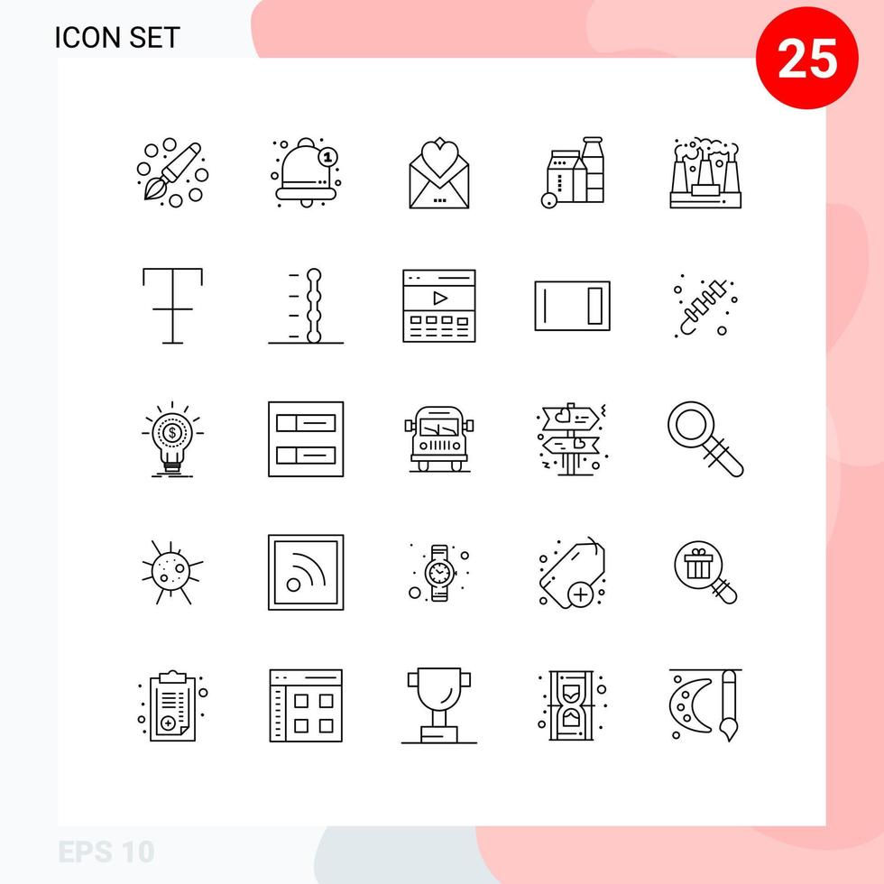 Mobile Interface Line Set of 25 Pictograms of factory buttle letter box love Editable Vector Design Elements