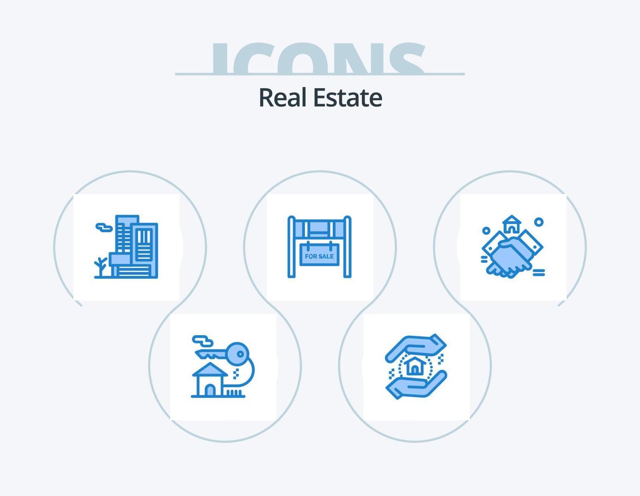 Real Estate Blue Icon Pack 5 Icon Design. handshake. agreement. building. for sale. real vector