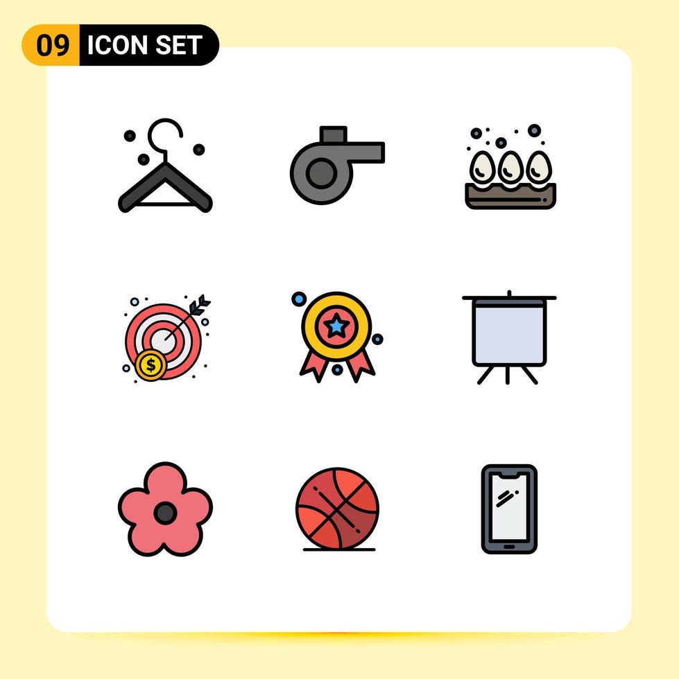 9 Universal Filledline Flat Color Signs Symbols of flower deck profit board award ribbon Editable Vector Design Elements