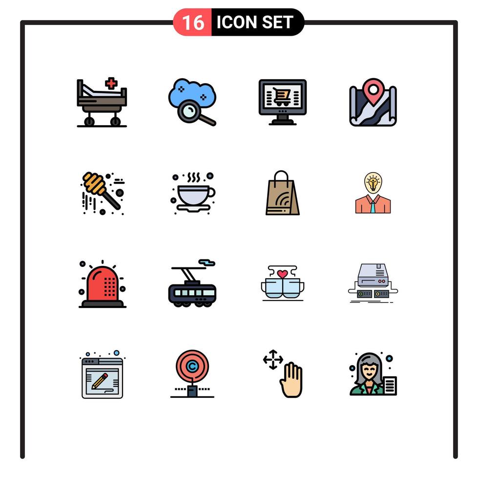 16 Universal Flat Color Filled Line Signs Symbols of honey google online location map Editable Creative Vector Design Elements