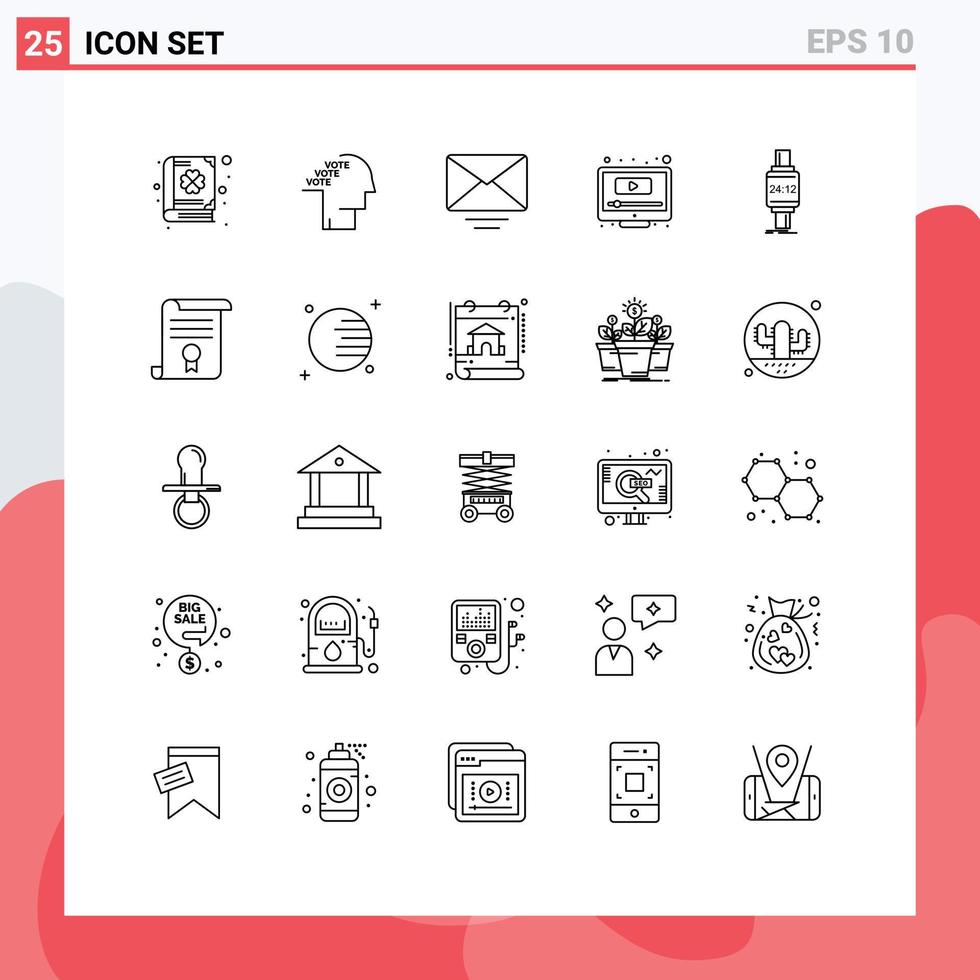 Pack of 25 Modern Lines Signs and Symbols for Web Print Media such as smartwatch youtube speech screen computer Editable Vector Design Elements