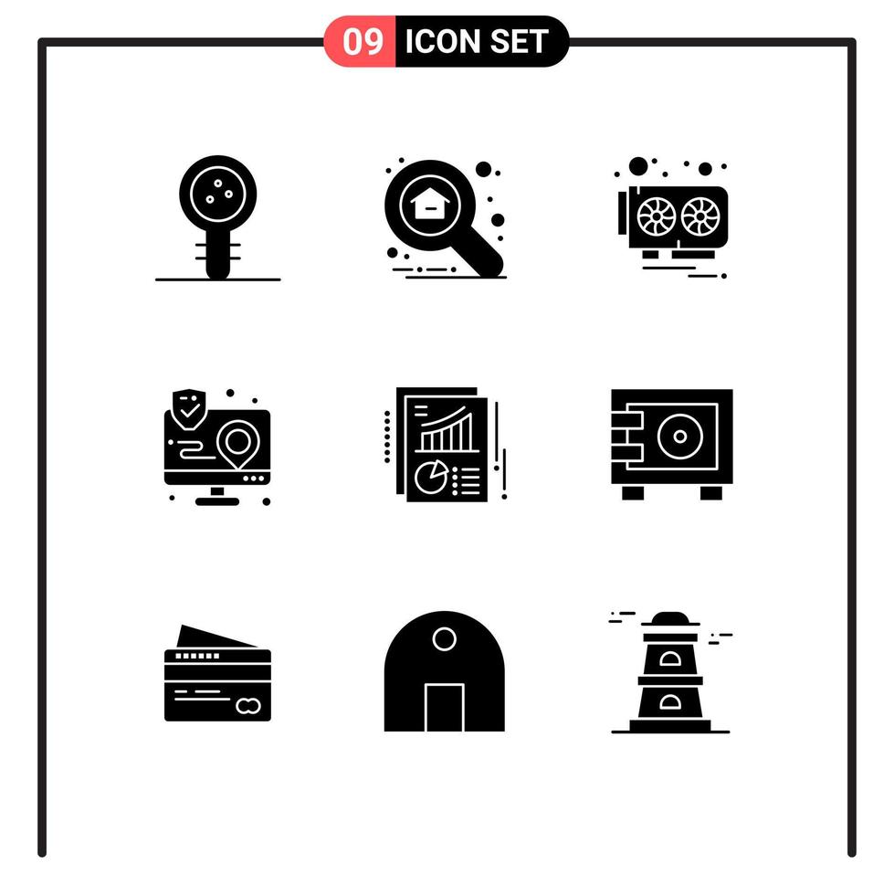 Universal Icon Symbols Group of 9 Modern Solid Glyphs of map interaction explore app video card Editable Vector Design Elements