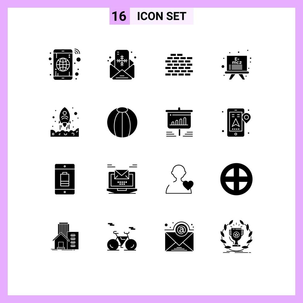 Set of 16 Vector Solid Glyphs on Grid for up rocket wall launching education Editable Vector Design Elements