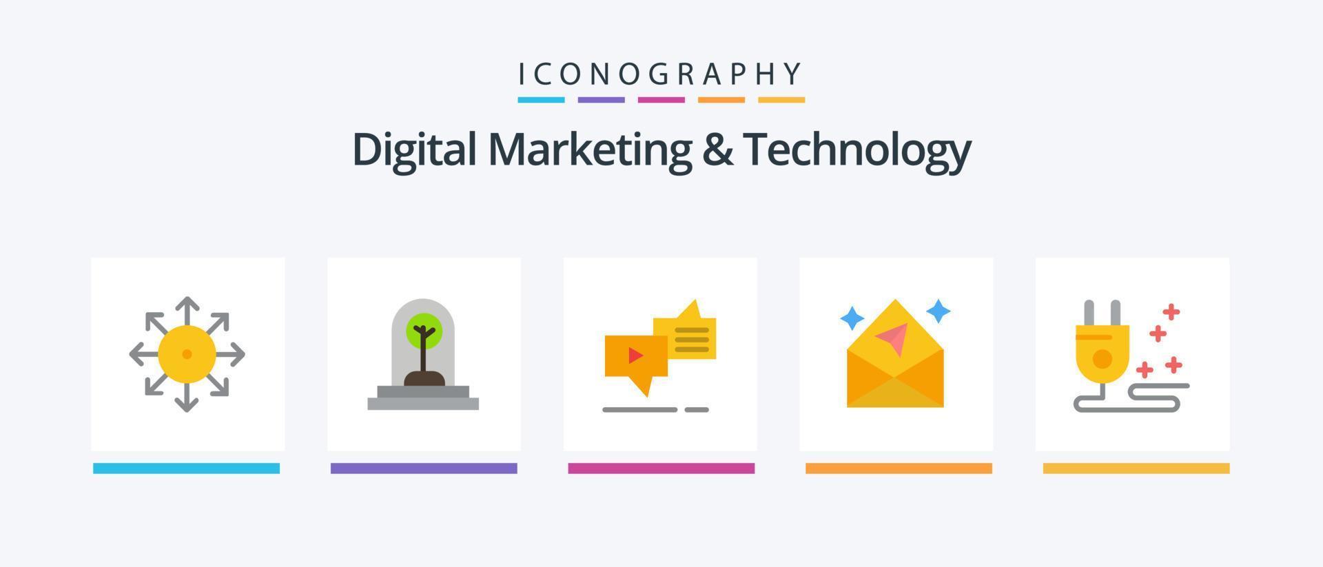 Digital Marketing And Technology Flat 5 Icon Pack Including mail. arrow. plant. speech. marketing. Creative Icons Design vector