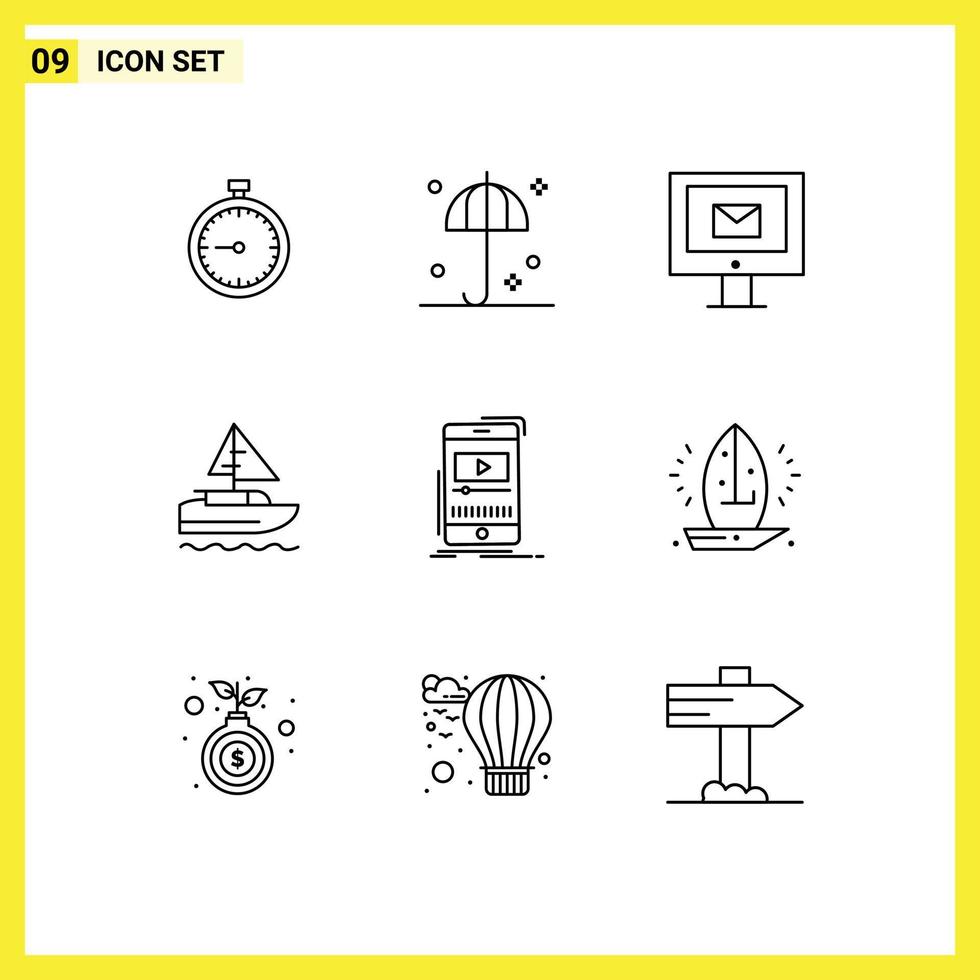 Group of 9 Outlines Signs and Symbols for indian boat safety service mail Editable Vector Design Elements