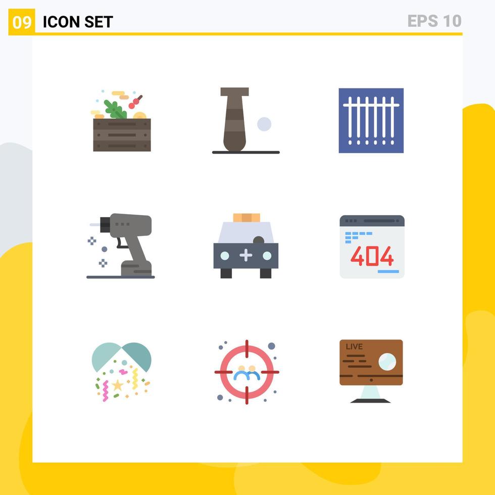 Mobile Interface Flat Color Set of 9 Pictograms of filled ambulance barcode tool drill Editable Vector Design Elements
