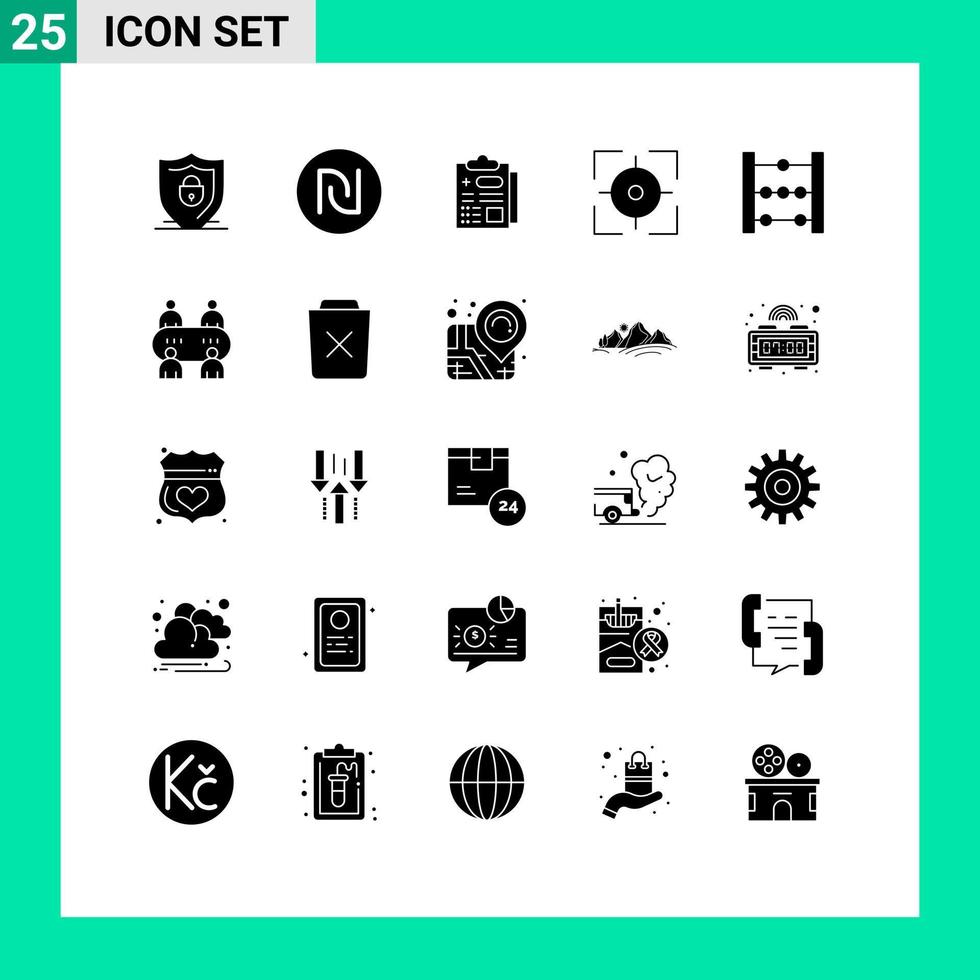 25 User Interface Solid Glyph Pack of modern Signs and Symbols of math abacus healthcare target crosshair Editable Vector Design Elements