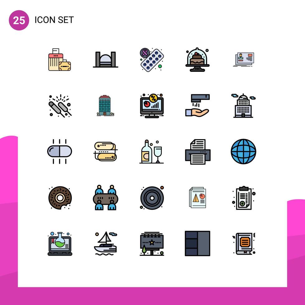 Pack of 25 Modern Filled line Flat Colors Signs and Symbols for Web Print Media such as id cakes river cake baked Editable Vector Design Elements
